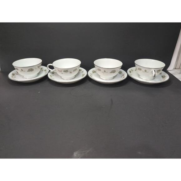 Noritake China Cup & Saucer Set, Vineyard Design, Brown & Green Leaves, Set of 4 - Picture 2 of 10
